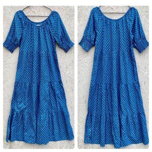 Faherty Blue Floral Tiered Boho Prairie Scoop Neck A-Line Maxi Dress Sz S